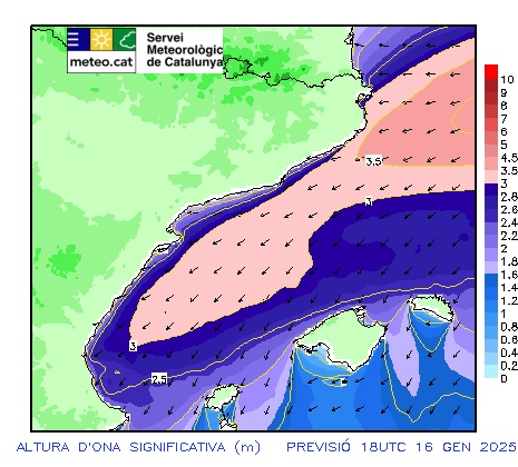 Alçada de les onades previst per les 20h del dia 16/01/2025